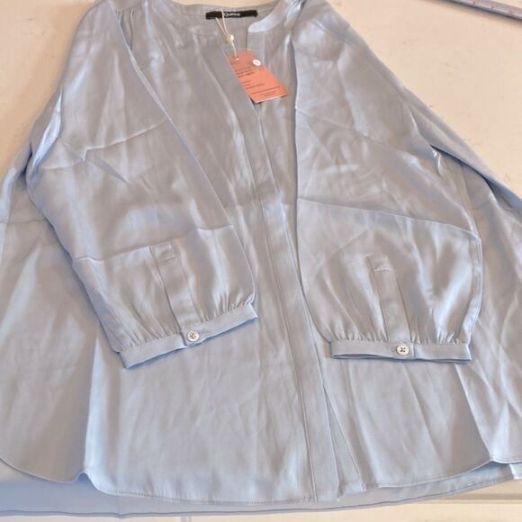 Quince Silk Stretch Washable 3/4 Sleeve Button Front Baby Blue Blouse L - Picture 9 of 9